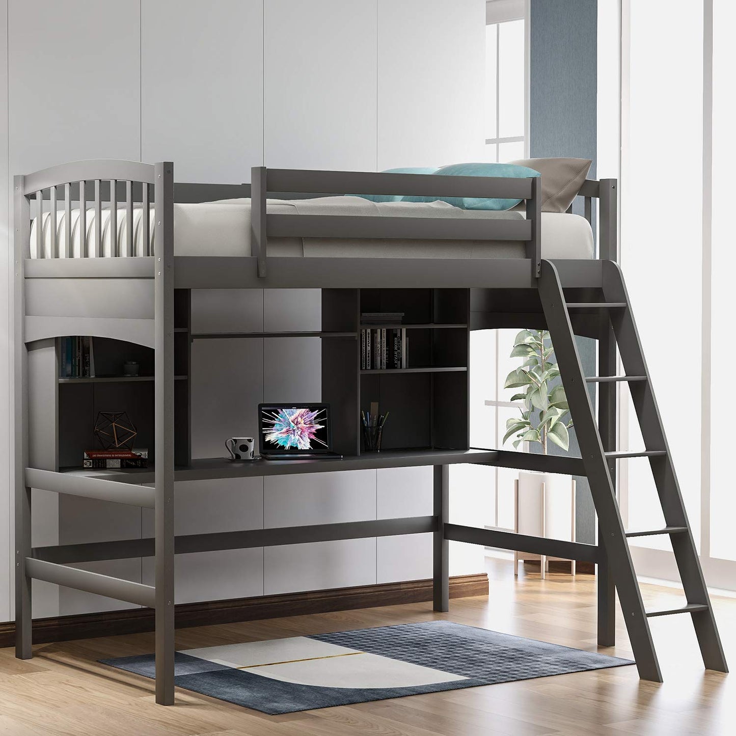 Merax Twin Size Grey Loft Bed with Desk and Shelves - Solid Pine Wood Frame - WoodArtSupply