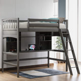 Merax Twin Size Grey Loft Bed with Desk and Shelves - Solid Pine Wood Frame Merax
