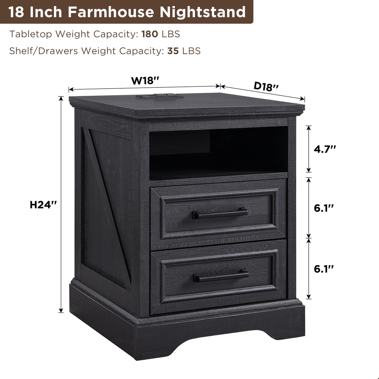 ACCOHOHO 18" Farmhouse Nightstand with Charging Station,End Table with 2 Drawers Storage,Side Table,Bedside Cabinet for Bedroom,Living Room,Black ACCOHOHO
