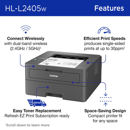 Brother HL-L2405W Wireless Compact Monochrome Laser Printer with Mobile Printing, Black & White Output | Includes Refresh Subscription Trial(1), (Renewed Premium)