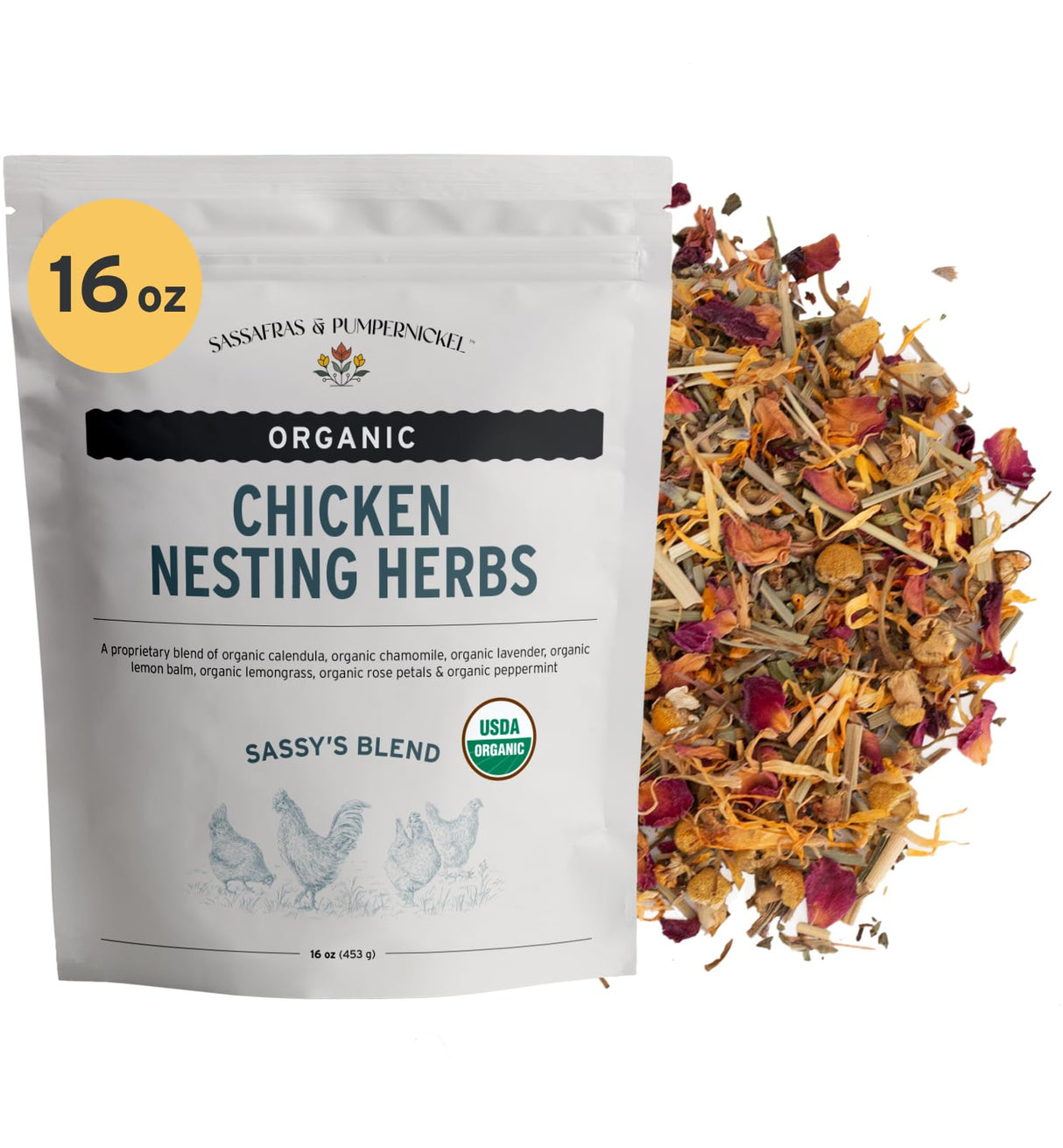 Sassafras & Pumpernickel Certified USDA Organic Chicken Nesting Herbs (16 oz, 1 Pound Bulk Bag) Aromatic Herbs for Coops and Nest Boxes, Nesting Herbs for Chicken coop, coop Refresher for Chickens Sassafras & Pumpernickel