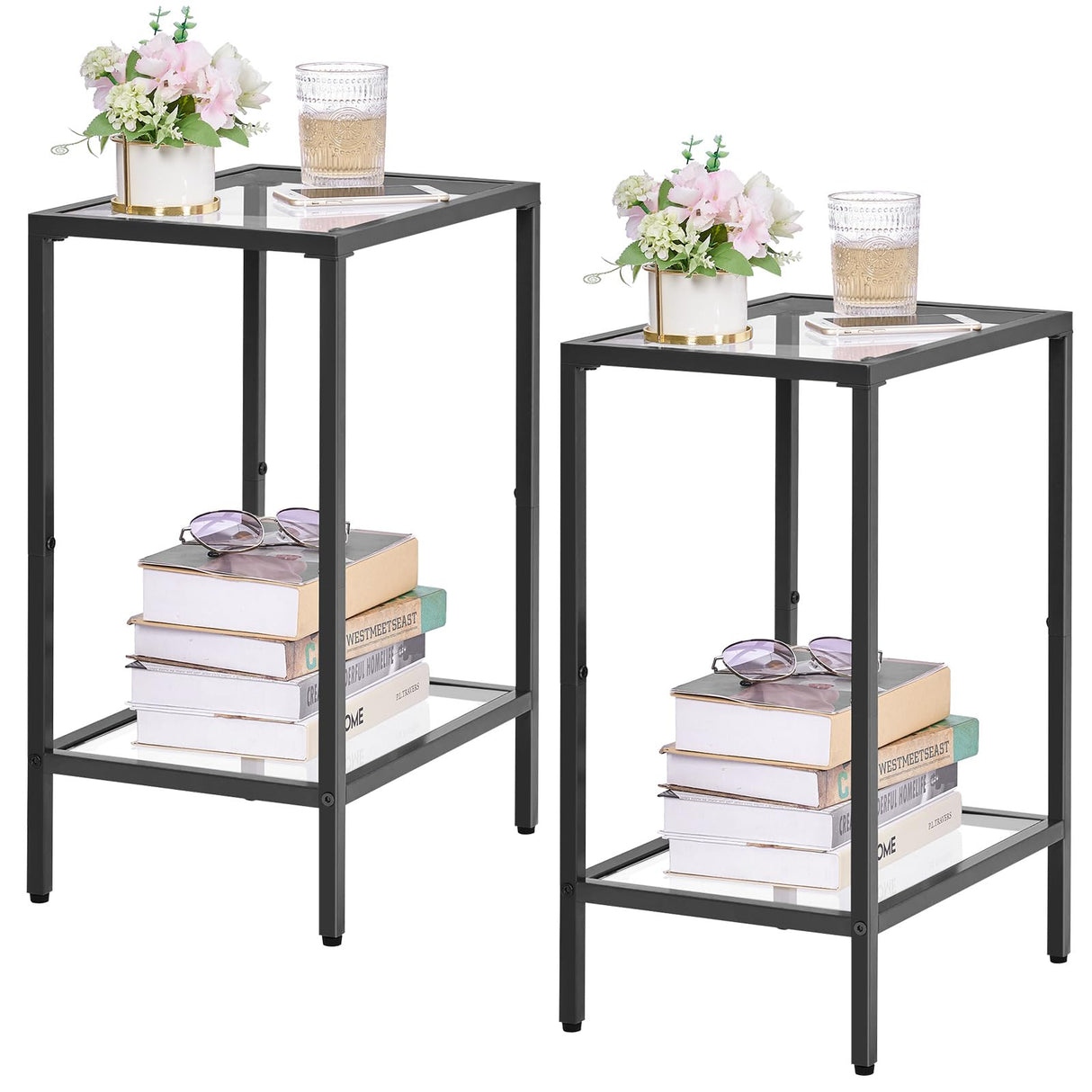 HOMSHO Side Tables Set of 2, End Tables with Tempered Glass, 2-Tier Nightstands with Storage Shelves, Slim Sofa Tables for Living Room, Bedroom, Modern Style, 11.8" D x 15" W, Black HOMSHO