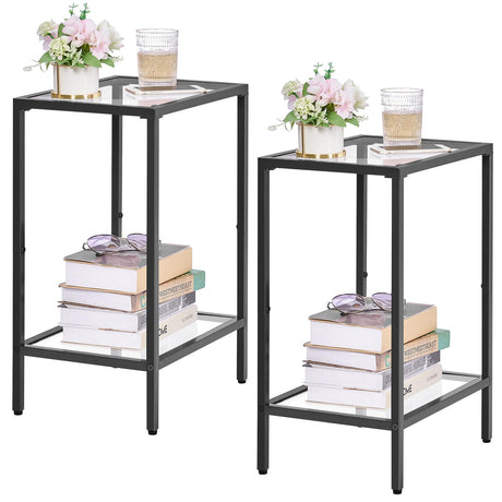 HOMSHO Side Tables Set of 2, End Tables with Tempered Glass, 2-Tier Nightstands with Storage Shelves, Slim Sofa Tables for Living Room, Bedroom, Modern Style, 11.8" D x 15" W, Black HOMSHO