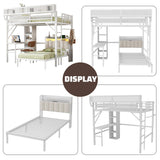 MoproBeti Bunk Bed with Desk,Upper Shelf & Storage Bookshelves,Metal L-Shaped Full Over Twin Bunk Beds with LED & Charge Station,Full Loft Bed w/Ladder,Safety Guardrail for Boys Girls,White MoproBeti