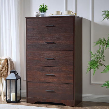 LIDYUK Dark Cherry Dresser for Bedroom, 5 Drawer Dressers & Chests of Drawers, Modern Wood Dresser, 47 Inches Tall Chest of Drawers for Bedroom, Hallway, Living Room LIDYUK