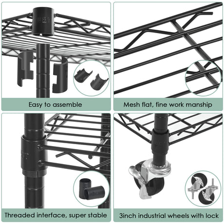 WDT 6 Tier Shelf Shelving Unit with Wheels,Adjustable Metal Shelves for Storage, NSF Black Wire Shelving Rack, 2100Lbs Capacity Heavy Duty Shelving Storage Shelves for Kitchen Garage,47" Dx17 Wx80 H WDT