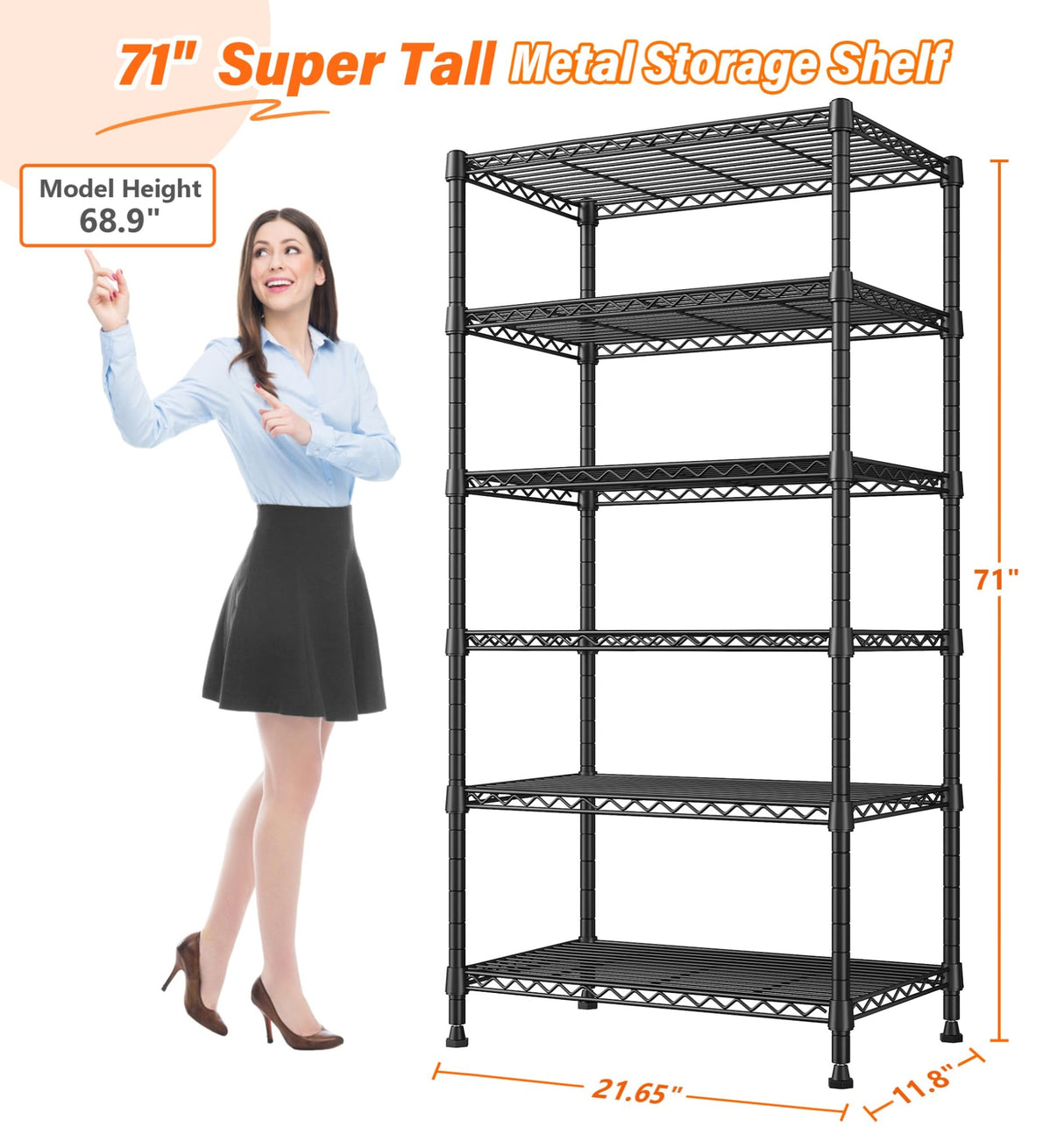 REIBII 6 Tier Shelf Metal Shelving 70"H Storage Shelves Sturdy Wire Rack Shelf Units Adjustable Detachable Storage Shelving Unit for Kitchen Laundry Pantry Garage Commercial 71"H x 21.65"W x 11.8"D REIBII