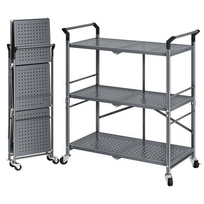 Rolling Utility Cart Folding Cart with Wheels - 3 Tier Collapsible Metal Cart, Large Capacity - WoodArtSupply