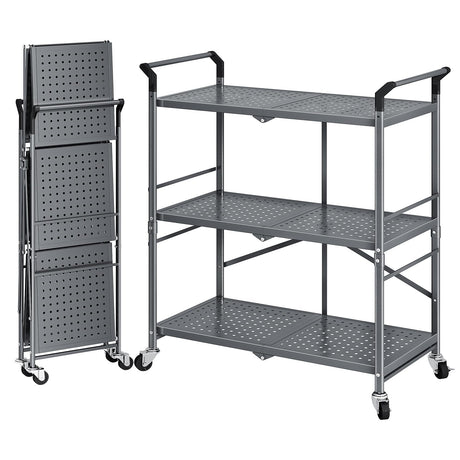 Rolling Utility Cart Folding Cart with Wheels - 3 Tier Collapsible Metal Cart, Large Capacity SNTD