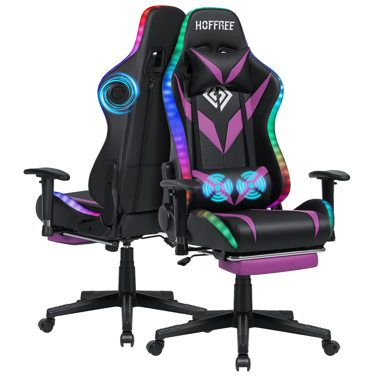 HOFFREE Gaming Chair with Bluetooth Speakers and Led Lights Massage Vide Game Chairs with Footrest Reclining Computer Gamer Chair Purple and Black HOFFREE