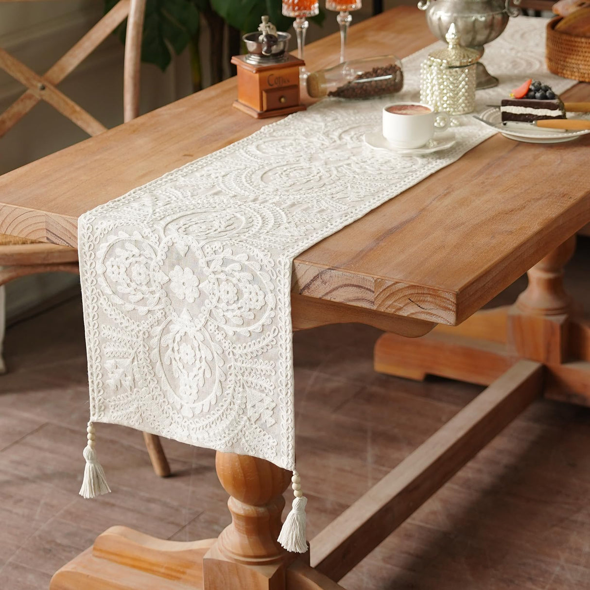 Artbloss Embroidered Table Runner Boho Farmhouse Dresser Scarf Macrame Rustic Lace Doily with Tassel for Kitchen Indoor Outdoor Fireplace (Beige, 14 x 56 Inches) Artbloss