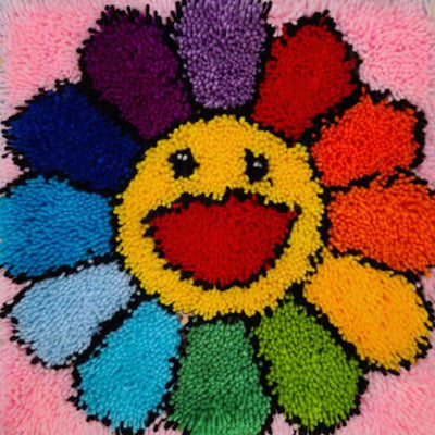 Flower Latch Hook Rug Kit for Adult Kids, DIY Latch Hook Kits Crochet Mat Needlework Knotted Cushion Handcrafs, Color Pattern Pre-Printed & Pre-Cut Yarns, 20x20 in.