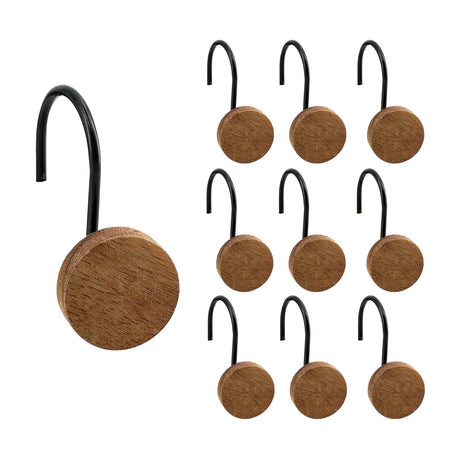 Shower Curtain Hooks, Wood Decorative Shower Curtain Rings, Modern Round Log Shower Curtain Hangers, 12PCS Shower Hooks for Shower Curtain Rod, Bedroom, Living Room (Black) JTDTH