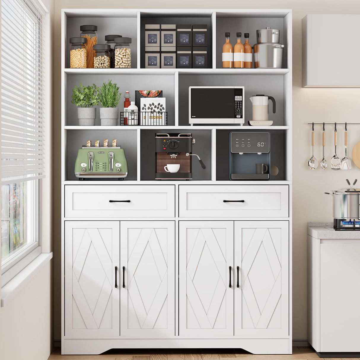 Wanttii Large Bookshelves and Bookcase with Doors, 8-Tier Wooden Bookshelves with Cabinet Doors, Tall Storage Cabinet for Home Office, Living Room, Bedroom (Industrial White) Wanttii