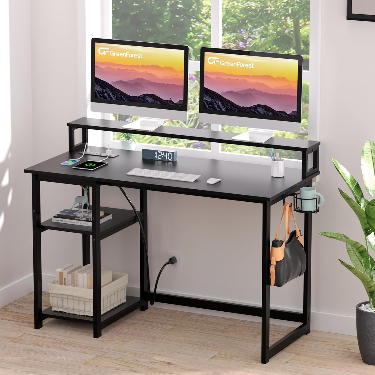 GreenForest 40 inch Computer Desk with Power Outlets, Small Home Office Desk with Ergonomic Monitor Stand, Reversible Gaming Desk, Modern Study Desk, Laptop Desk, Black GreenForest