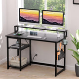 GreenForest 40 inch Computer Desk with Power Outlets, Small Home Office Desk with Ergonomic Monitor Stand, Reversible Gaming Desk, Modern Study Desk, Laptop Desk, Black GreenForest