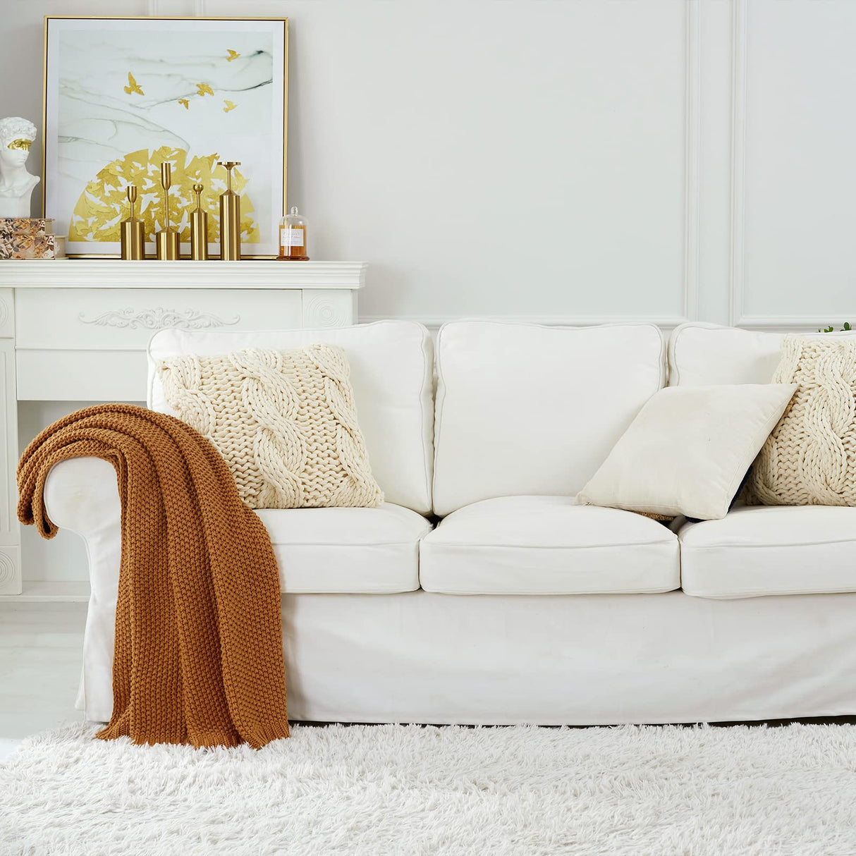 Chunky Cable Knit Throw Blanket Lightweight Burnt Orange 100% Organic Cotton Blanket for Sofa Couch Bed Baby Nursery, Rustic Shabby Chic Modern Farmhouse, 60” x 80” Give Laundering Bag Longhui bedding