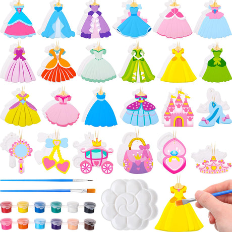 Seenelling 24 Set Princess DIY Painting Kit Ceramic to Paint Your Own Princess Dress Castle Statues Unpainted Plaster Figurines Brushes Acrylic Paints Bags Party Favor for Adults Girls Baby Shower Seenelling