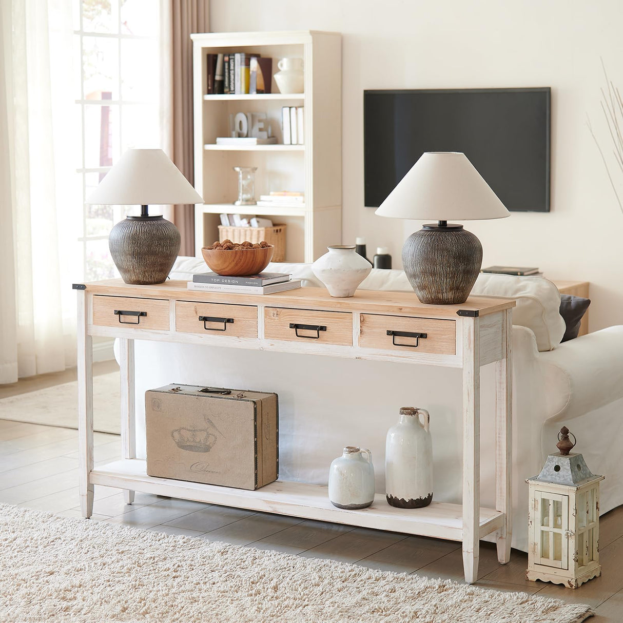 RUSTOWN Farmhouse Console Table with 4 Drawer, 60" Long Rustic Entryway Table with Open Storage Shelves and Handmade Metal Handle, Narrow Foyer Sofa Table for Living Room, Entryway, Hallway(White) RUSTOWN