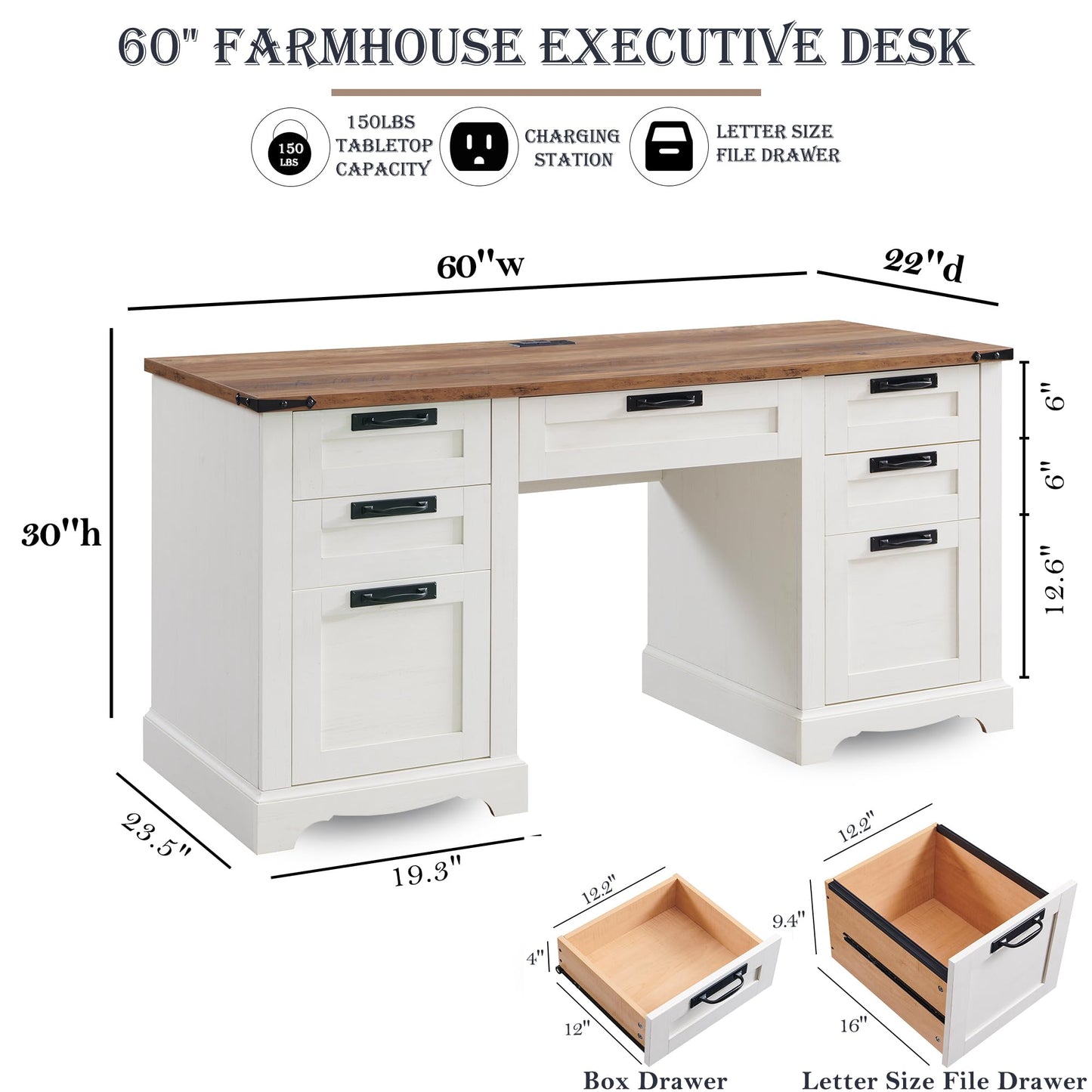 RedLemon 60" Farmhouse Executive Desk with Drawers, Wood Home Office Desk w/Charging Station, Keyboard tray, File Drawer, Storage Cabinet, Rustic Computer Writing Desk (Antique White) - WoodArtSupply