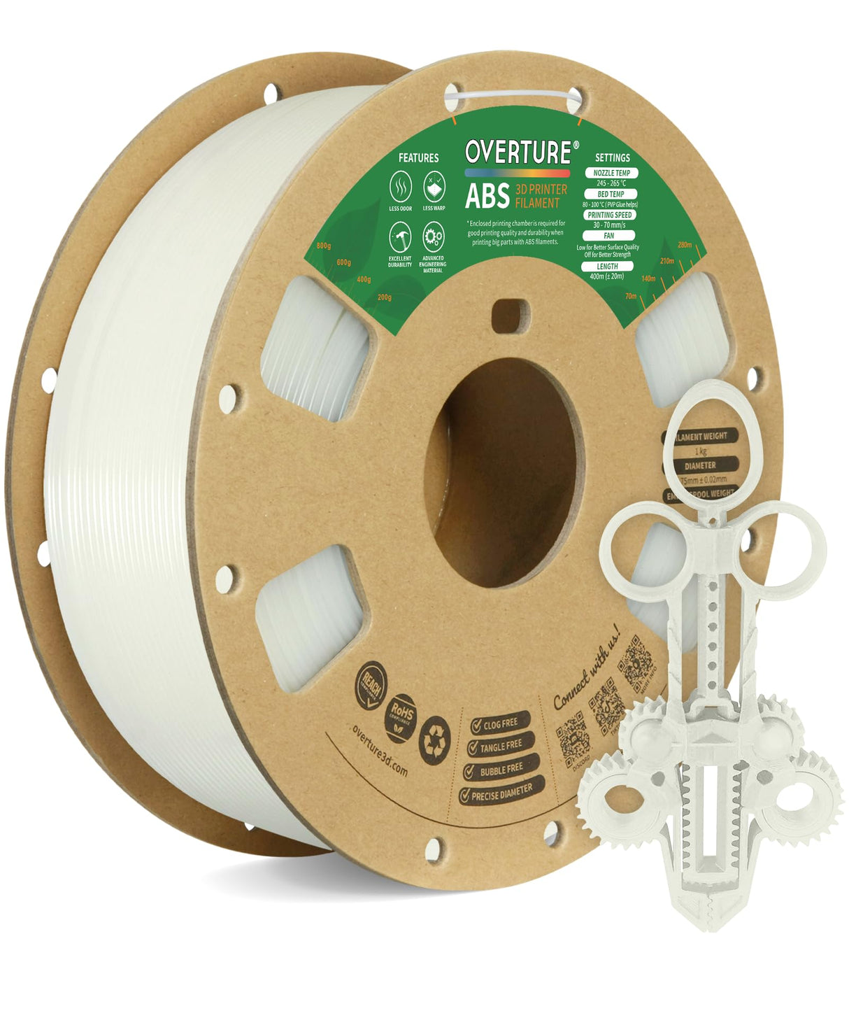 OVERTURE ABS Filament 1.75mm, ABS 1kg Spool (2.2lbs),3D Printer Filament,Dimensional Accuracy +/- 0.02 mm, Fit Most FDM Printer (Natural) OVERTURE