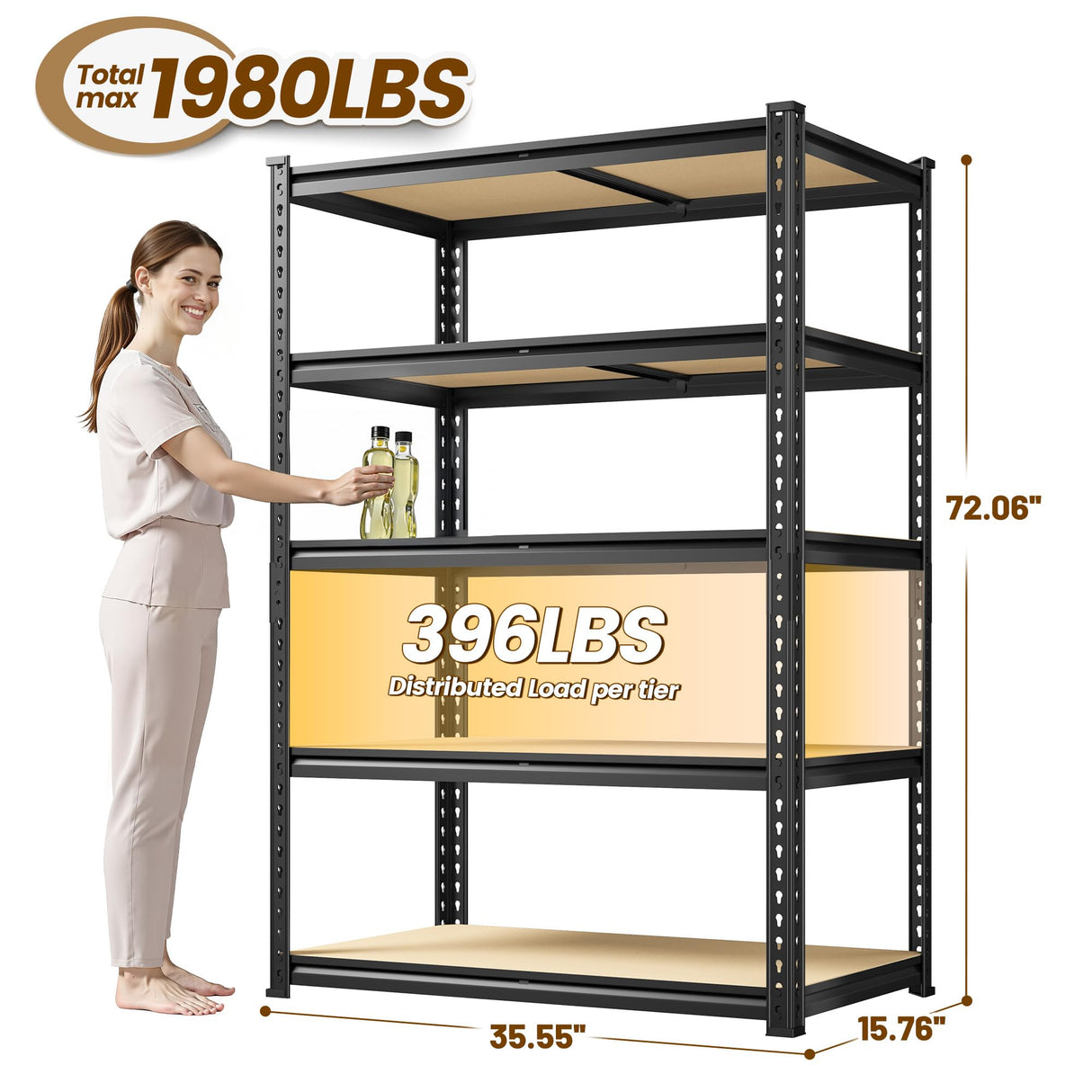 DurayLoly 5-Tier Storage Shelves, 1980LBS Adjustable Pantry Shelves, Metal Shelving Unit for Storage, Kitchen, Pantry, Closet, Laundry, Garage, 72.06" H x 35.55" W x 15.76" D DurayLoly