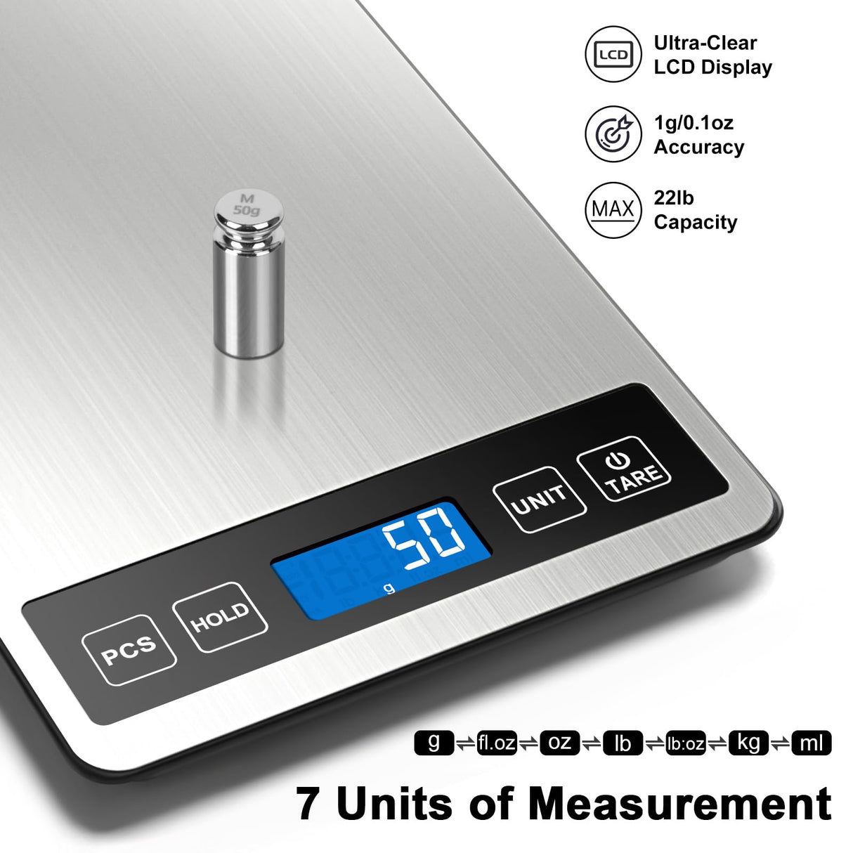 Fuzion Food Scale, 1g/0.1oz Digital Kitchen Scale - 22lb, 7 Units, Tare & PCS, Rechargeable Power, Tempered Glass & Stainless Steel - Food Weight Scale Grams and Ounces for Cooking, Baking Fuzion