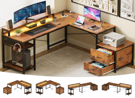 OtterOasis 66" L Shaped Desk with Wood Drawers, 113" 2 Person Desk with Printer Stand, Large Reversible L Shape Gaming Desk with Power Outlet, Brown Computer Desk with Power Outlet for Home Office OtterOasis