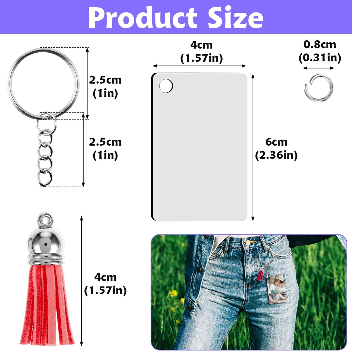 Sibba 120Pcs Sublimation Keychain Blanks Bulk, MDF Rectangle Sublimation Blanks with Tassels Keychain Rings & Jump Rings, Double Side Heat Transfer Blanks for DIY Keychain Crafting