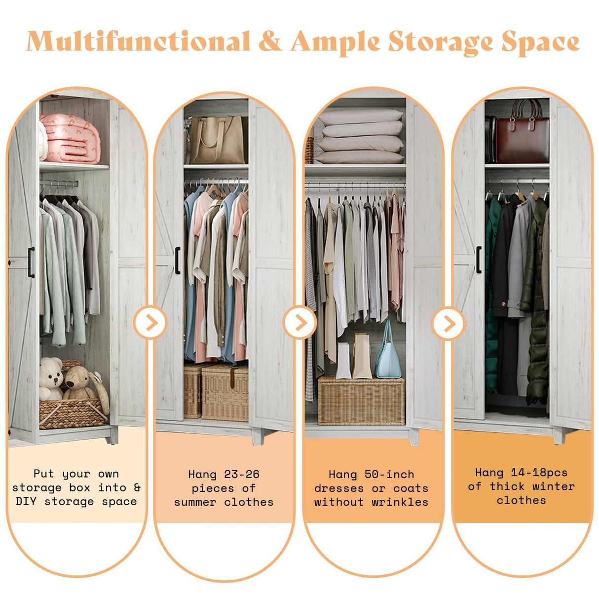 AMERLIFE Set of 2 Farmhouse Armoire Wardrobe Closet with 2 Barn Doors, 71'' Storage Cabinet with Shelf & Hanging Rod, Versatile Clothing Storage for Bedroom, Distressed White AMERLIFE