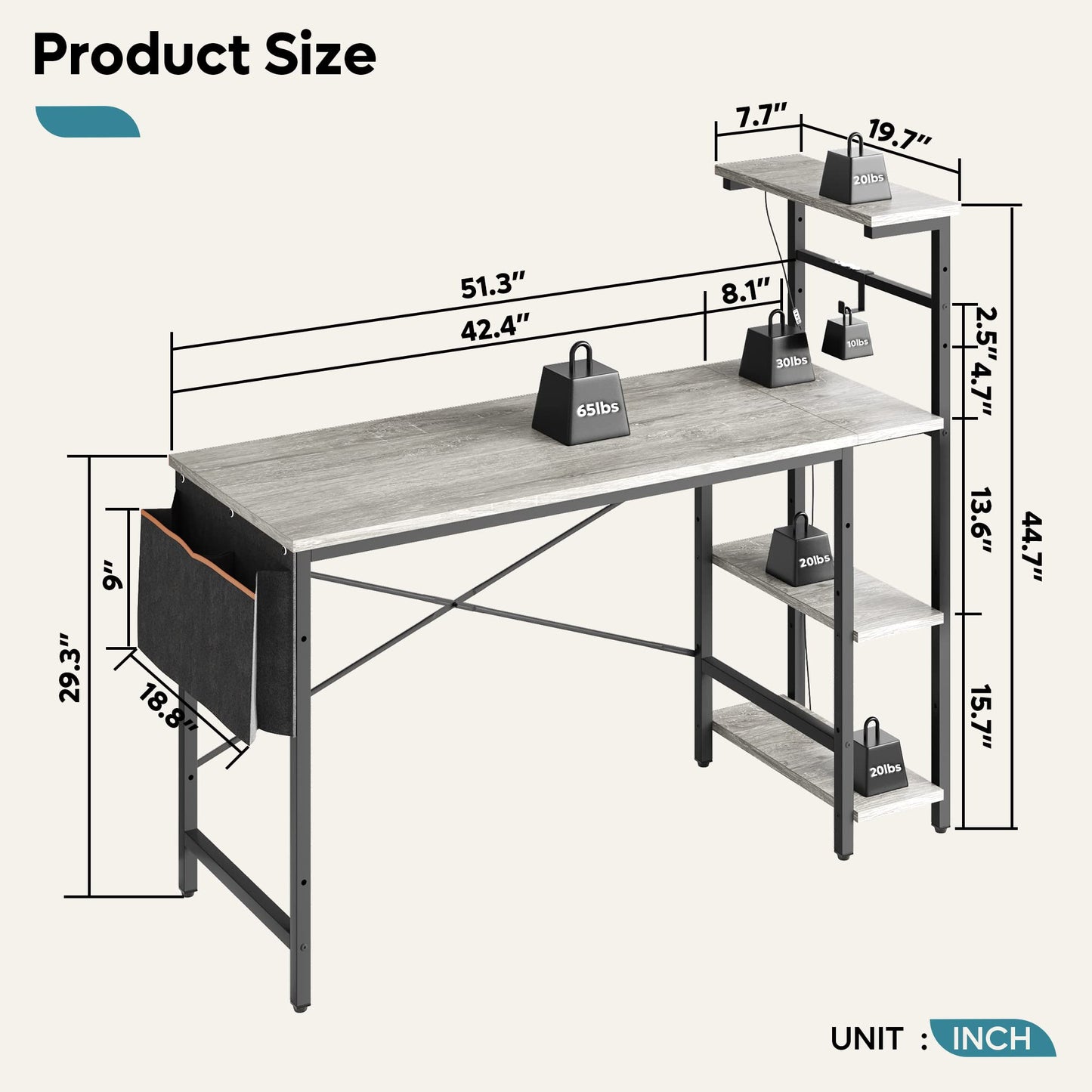 Bestier Gaming Desk with LED Lights, Computer Desk with 4 Tiers Reversible Shelves, 51.3 Inch Home Office Writing Desk with Side Storage Bag, Hooks and Height Adjustable Shelf (Retro Grey Oak)