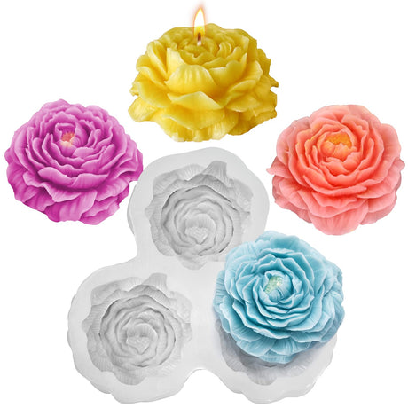 ZQYSING Peony Candle Mold for Candle Making, 3 Cavity Flower Silicone Molds for Epoxy Resin Wax Soap Clay Plaster Tealight Candles Crafts Casting Home Décor Handmade Gifts ZQYSING