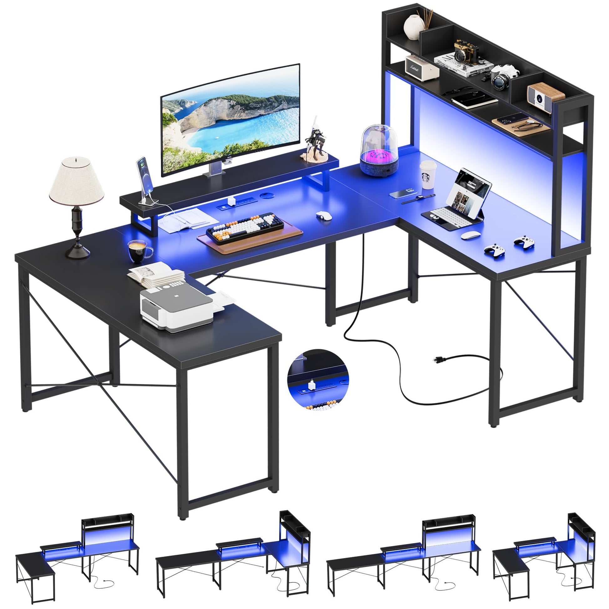 Unikito U Shaped Desk with Hutch, Reversible L Shaped Computer Desk with Power Outlets and LED Strip, Large Office Table with Monitor Stand, Large U Shape Gaming Desk, Black - WoodArtSupply