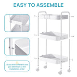 Vtopmart 3 Tier Metal Rolling Cart, Utility Rolling Carts with Wheels, Handle and Lockable Casters, Storage Trolley with Hooks, Easy Assemble for Kitchen, Living Room, Office, Nursery, Garage (White) Vtopmart