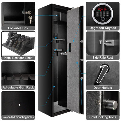 2024 New and Improved Rifle Safe, Biometric Long Gun Safe for Rifle Shotgun with Time Temperature Humidity Display, Quick Access 5-6 Gun Storage Cabinet with Lock Box and Removable Shelf