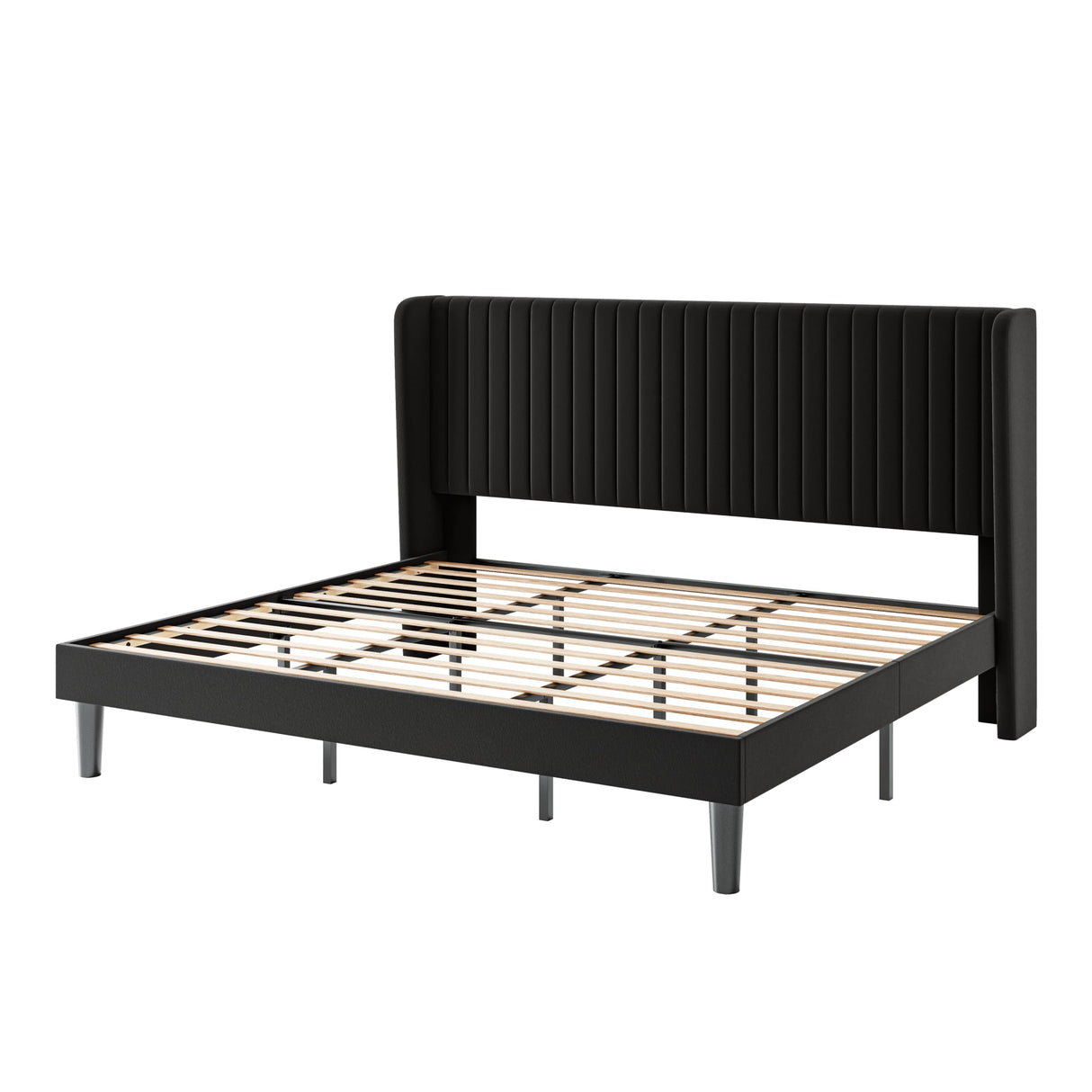 SHA CERLIN King Size Velvet Bed Frame with Vertical Channel Tufted Wingback Headboard, Upholstered Platform Bed with Wood Slats, No Box Spring Needed, Easy Assembly, Black SHA CERLIN