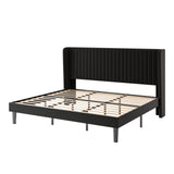 SHA CERLIN King Size Velvet Bed Frame with Vertical Channel Tufted Wingback Headboard, Upholstered Platform Bed with Wood Slats, No Box Spring Needed, Easy Assembly, Black SHA CERLIN