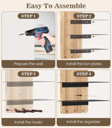 MoKo Sunglass Organizer Storage Rack, 6 Tiers Rustic Wood Sunglasses Display Rack with 3 Hooks, Wall Mounted Sunglass Storage for Entryway Living Room Bedroom, Wood + Black MoKo