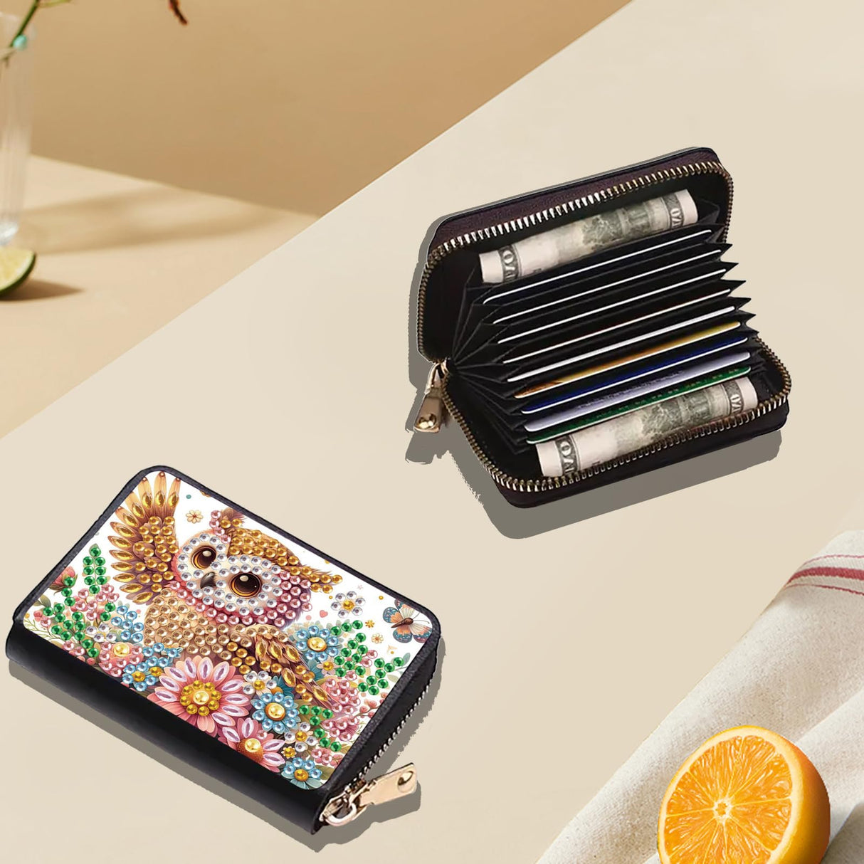 JZHYOAN Diamond Art Card Holder Wallet, DIY Special Pattern Credit Card Holder Zipper Business Small Wallet Coin Purse Keychain for Adults Woman Man Woodpecker JZHYOAN