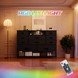 Harpaq Black Dresser for Bedroom with 10 Drawers, Dresser with Charging Station, TV Stand Dresser with LED Light for 55" TV, Fabric Drawer Dresser with PU Finish, Dresser with Shelves for Closet Harpaq