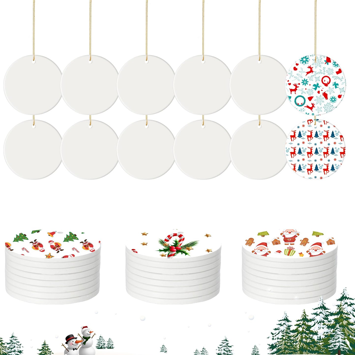 30 Pcs Sublimation Ceramic Ornaments Blank Double-Sided 3 inch Round Sublimation Ornament Blanks Bulk Blank Ceramic Ornament for Heat Press Printing Crafting DIY Personalized Christmas Home Decor