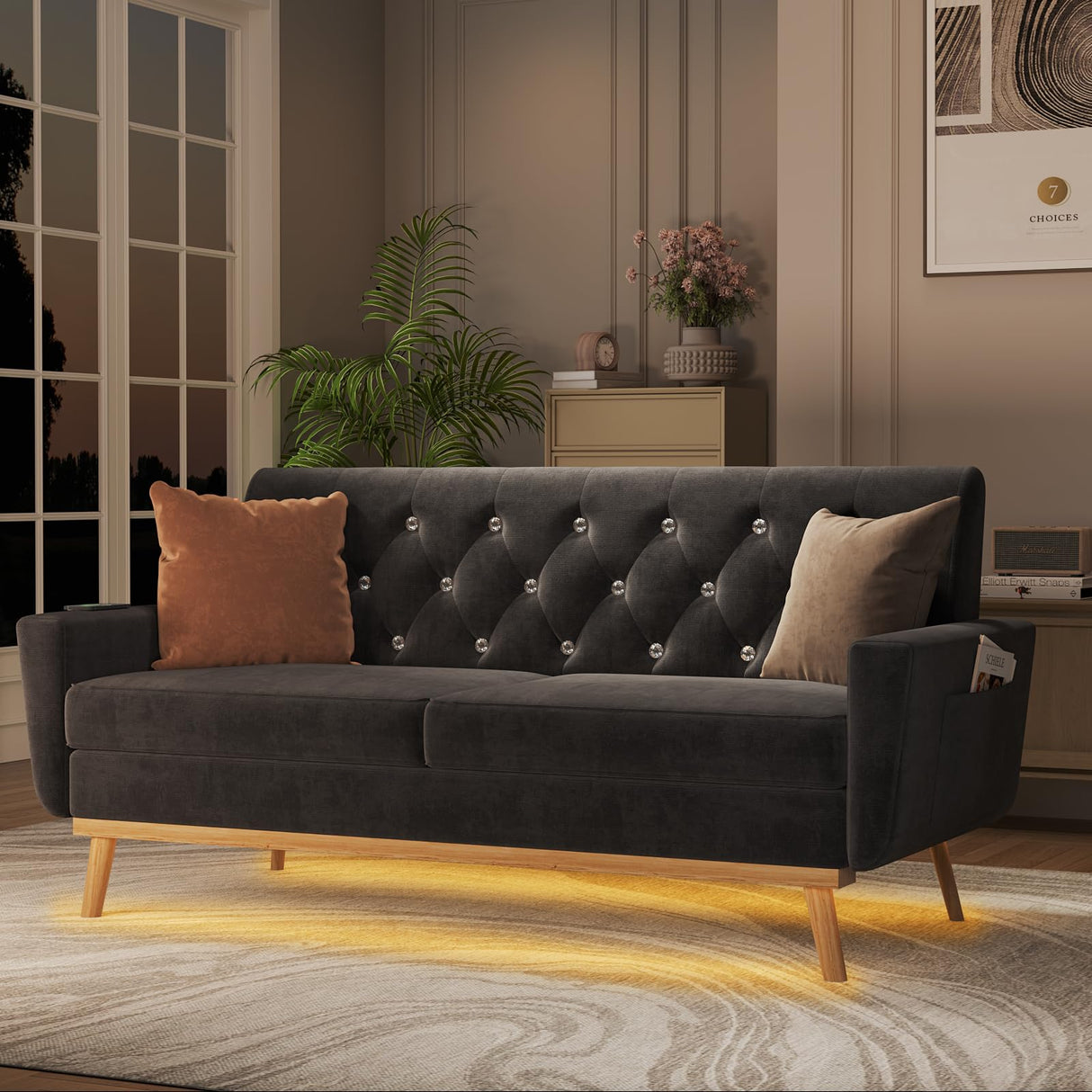 Fameill 65" Loveseat Sofa Couch, Mid Century Modern Love Seat Small Couch with Soft Cushion, LED Light, Crystal Button Tufted, Upholstered Comfy Small Couch for Living Room, Bedroom Fameill