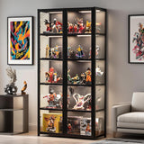 QOEUDD Display Cabinet with Acrylic Glass Door, 5 Tier Curio Display Case, Collectibles Toy Organizers Rack & Display Shelf, Kids Bookcase for Bedroom, Reading Nook, Toddler's Room, Bamboo QOEUDD