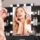 FIONESO Vanity Desk with Mirror & Lights, Makeup Vanity with 6 Drawers, 6 Open Shelves and Power Outlet, 48” Storage Makeup Vanity Desk with Stool Bench for Women, Girls, Bedroom, Black FIONESO