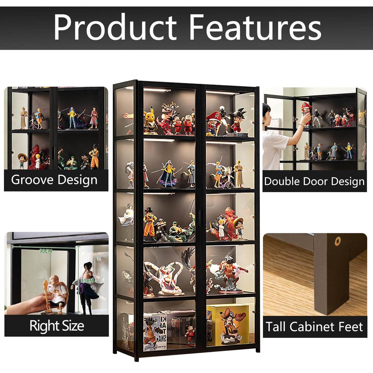 QOEUDD Display Cabinet with Acrylic Glass Door, 5 Tier Curio Display Case, Collectibles Toy Organizers Rack & Display Shelf, Kids Bookcase for Bedroom, Reading Nook, Toddler's Room, Bamboo QOEUDD