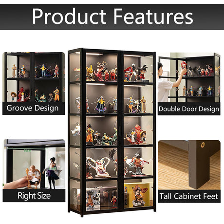 QOEUDD Display Cabinet with Acrylic Glass Door, 5 Tier Curio Display Case, Collectibles Toy Organizers Rack & Display Shelf, Kids Bookcase for Bedroom, Reading Nook, Toddler's Room, Bamboo QOEUDD