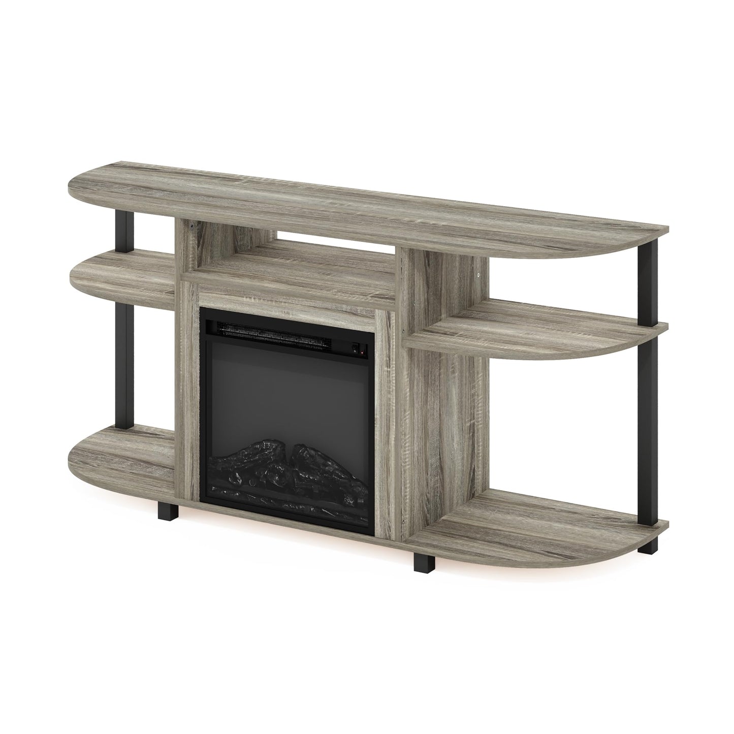 Furinno Jensen Open Storage Curved Entertainment Center Stand with Fireplace for TV up to 55 Inch, French Oak Grey