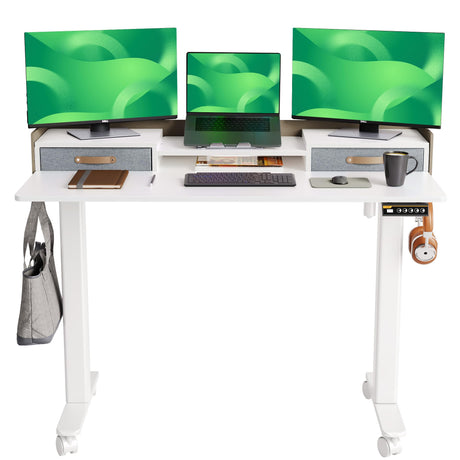 Claiks Standing Desk with Drawers, Stand Up Electric Standing Desk Adjustable Height, Sit Stand Desk with Storage Shelf and Splice Board, 48 Inch, White Claiks