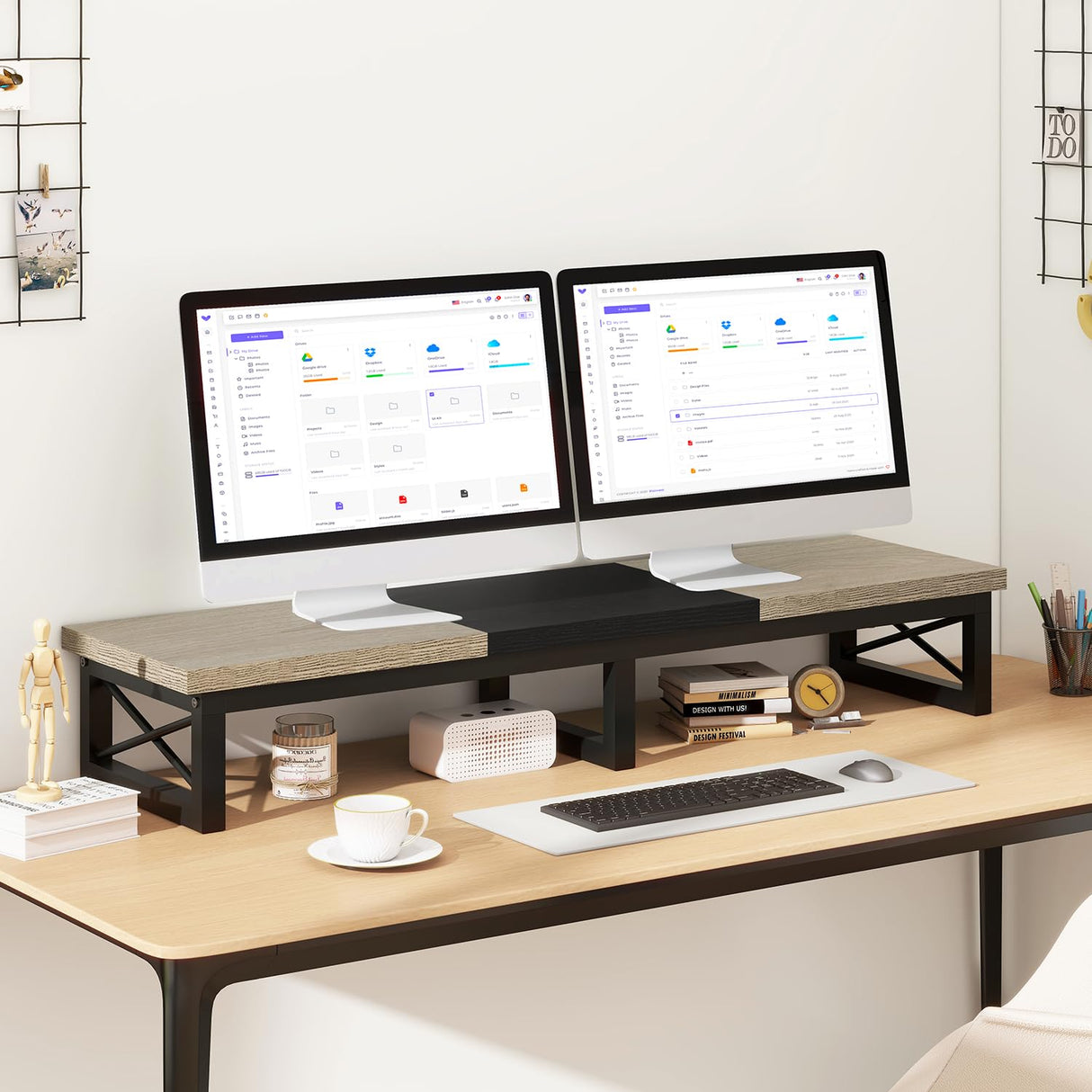 IBUYKE 45" Large TV Riser for 32-60 inch TV,Tabletop Short TV Stand with Storage and Steel Legs,Dual Screen Office Desk,Stand Riser,TV Riser Stand for Home,Bedroom,Living Room,Greige Black TVT002YB IBUYKE