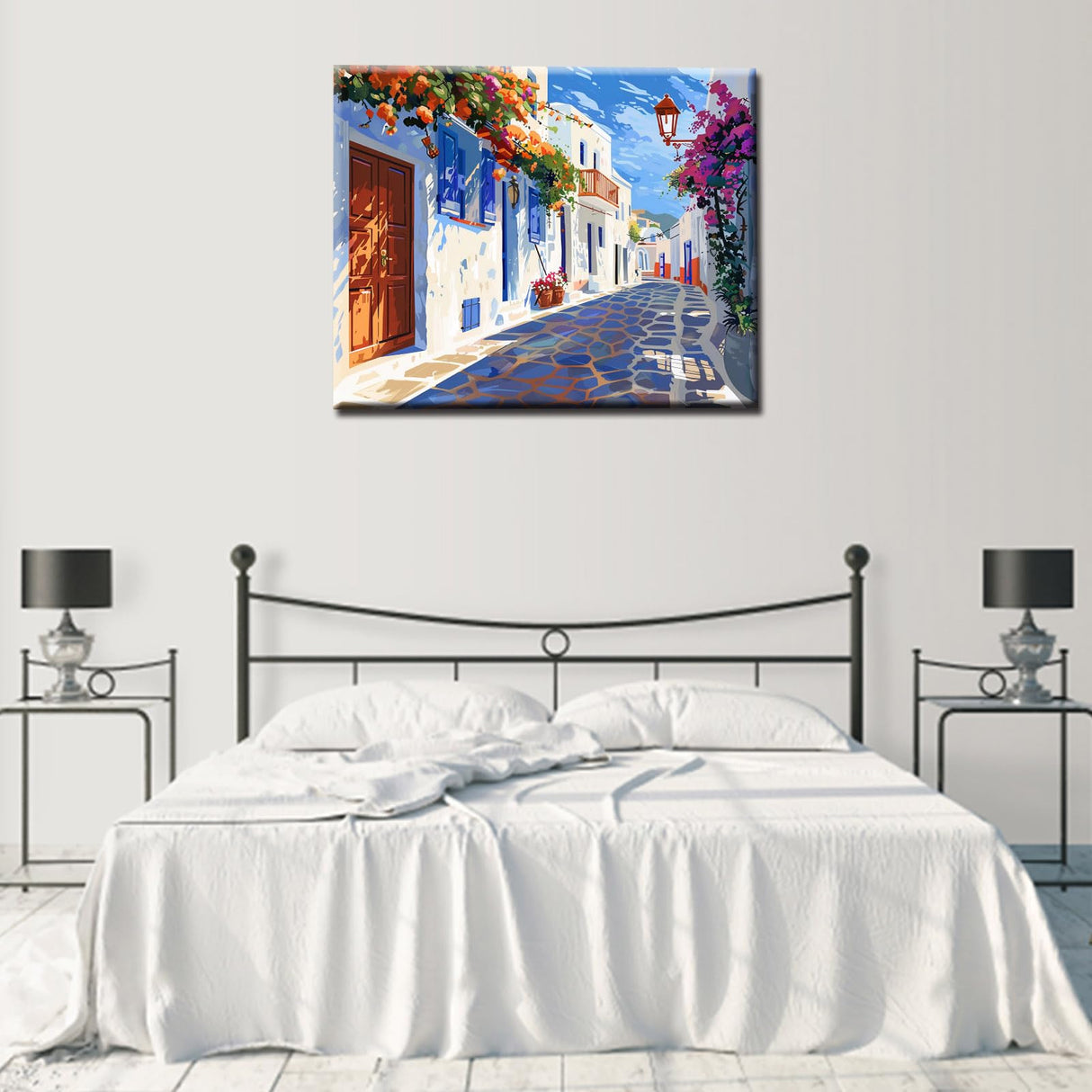 Aihonmin Coastal Cityscape Paint by Numbers Kits for Adult Beginners,Greece Town Paint by Numbers Street Flowers Painting Kits on Canvas with Brushes and Acrylic Pigment Without Framed 16''W x 20''H Aihonmin